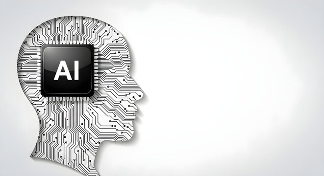 Artificial intelligence concept with human head silhouette filled with circuit board pattern and AI microchip