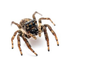 Fototapeta premium Detailed close-up of a small brown jumping spider facing the viewer on white
