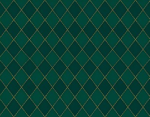 Fototapeta premium Argyle vector pattern. Dark green with thin slim golden dotted line. Seamless vivid geometric background for fabric, textile, men clothing, wrapping paper. Backdrop Little Gentleman party invite card