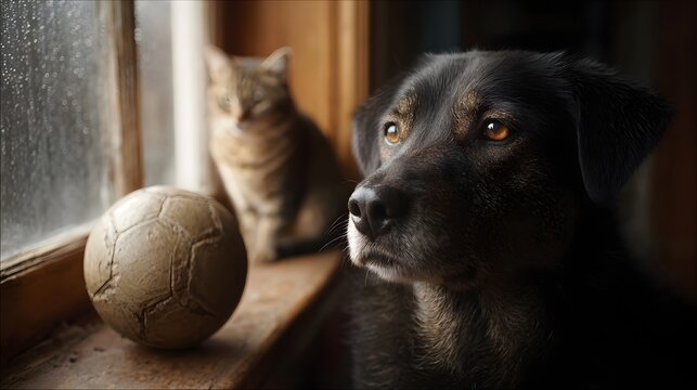 A black dog and a tabby cat sit by a rainy window with an old soccer ball