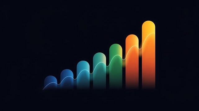 Colorful bar graph with rising trend line on dark background chart data