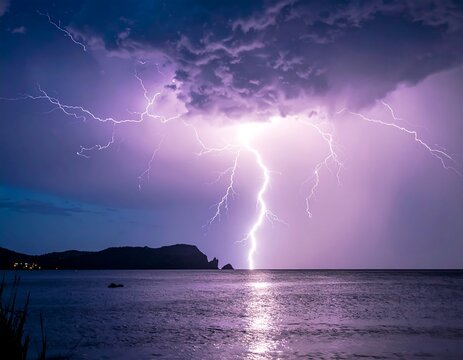 A dramatic nighttime thunderstorm over a calm ocean with lightning strikes