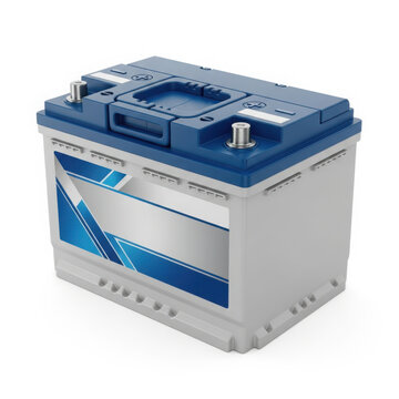 Blue and Gray Car Battery with Silver Terminals on Background automotive battery