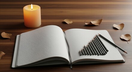 Cozy Autumn Inspiration Open Notebook with Pencils and Candle on Wooden Table, Perfect for creative writing, art journaling, or sketching ideas