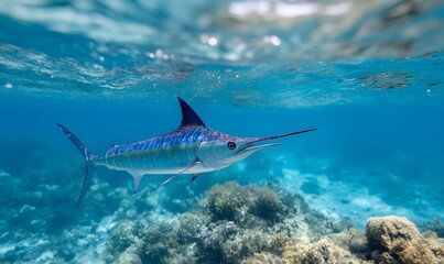 Fototapeta premium In the ocean, a beautiful marlin, close-up composition, serene atmosphere, underwater perspective, blue tones, side lighting, crystal-clear water surface