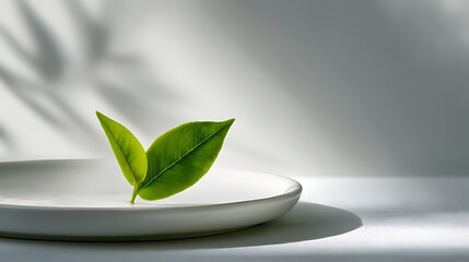A vibrant green leaf rests delicately on a smooth white ceramic plate