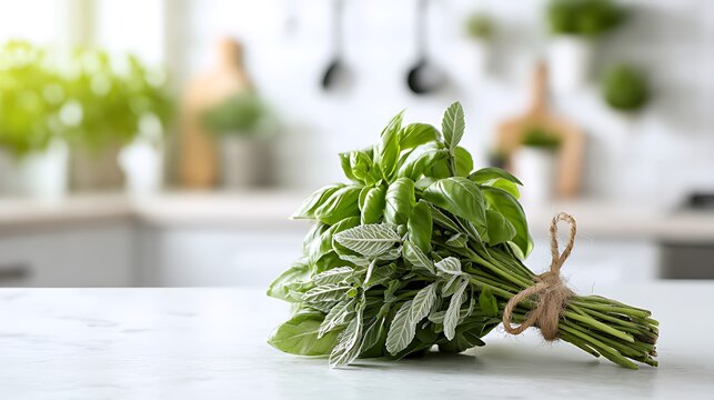 Freshly harvested basil and sage tied together in a bright kitchen setting - Powered by Adobe