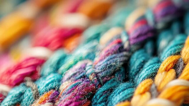 Close-up of a handcrafted woven textile with vibrant threads and intricate patterns. The rich colors of blue, orange, pink, and yellow create a lively tapestry of artistry.