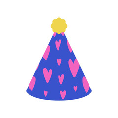 Cute Kids Party Hat with Pink Hearts and Yellow Pom Pom Vector Illustration