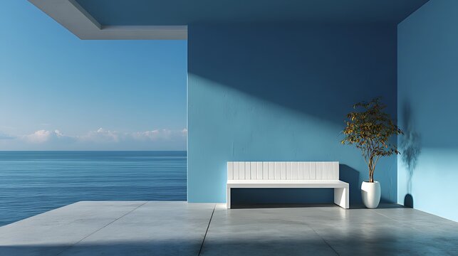 A serene blue balcony overlooks the vast ocean with a white bench - Powered by Adobe