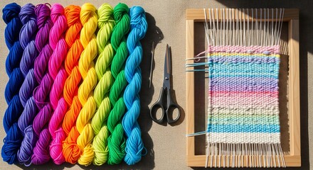 Create stunning rainbow weaving projects with vibrant yarn and a wooden loom, perfect for crafters and artists looking for creative inspiration today
