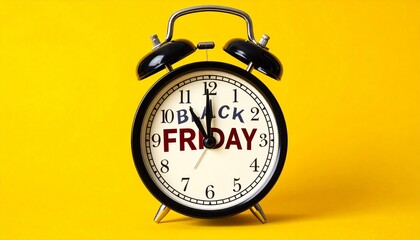 Black alarm clock with “Black Friday” on face against yellow backdrop—bold visual for sales urgency.v