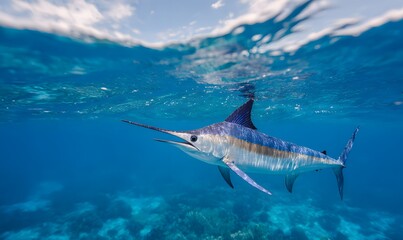 Fototapeta premium In the ocean, a beautiful marlin, close-up composition, serene atmosphere, underwater perspective, blue tones, side lighting, crystal-clear water surface