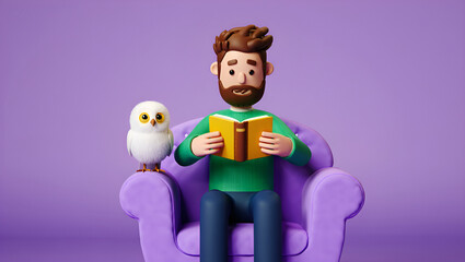 Stylized 3D illustration of a bearded man relaxing in a purple armchair, reading a book alongside a cute white owl, Generative AI