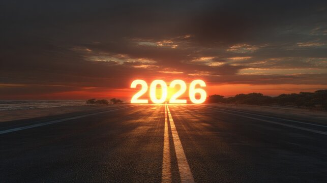 Illuminated Numbers 2026 Shine at Sunset Along an Empty Road With a Dramatic Sky