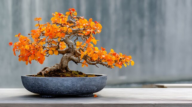 A vibrant autumnal bonsai tree in a gray pot beautifully displayed