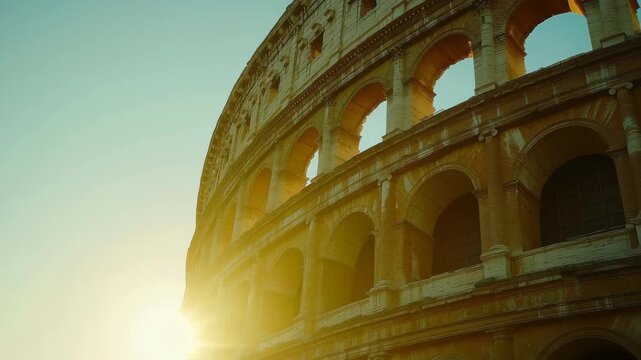 A photo capturing the sun setting behind the iconic Roman Colosseum showcasing its impressive architecture against the evening sky An ancient Roman Colosseum