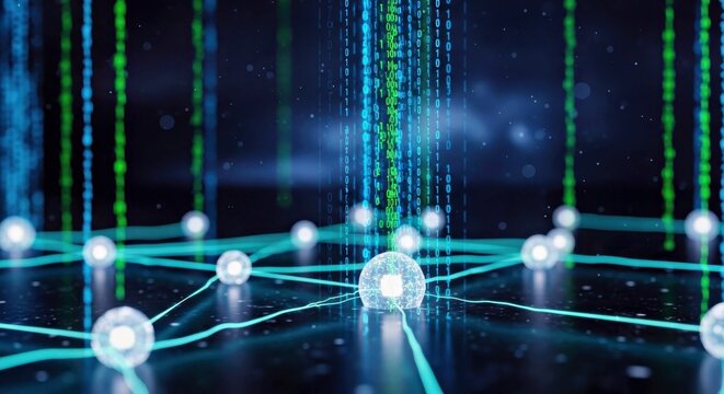  Digital Network With Glowing Nodes Binary Code Rain Futuristic Tech Abstract Visualization Data Flow - Powered by Adobe