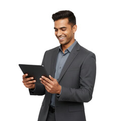 Smiling Indian businessman checks tablet, modern professional, cutout isolated on transparent background