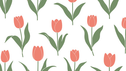 A repeating pattern featuring stylized coral-colored tulips with green leaves on a white background.