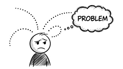 A distressed stick figure with a thought bubble containing the word 