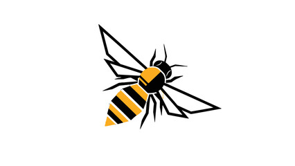 A stylized graphic illustration of a bee with black and yellow stripes and angular wings.
