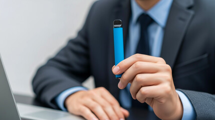 A business man in a suit holds up a blue vape pen in one hand, while his other hand rests on a laptop keyboard