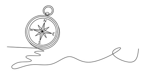 Guided by a Single Line, A continuous line drawing of a compass with cardinal points and a flowing path © Sa_e