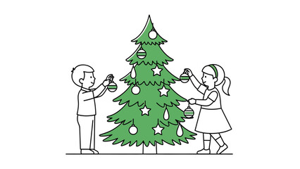 Two children decorating a Christmas tree with ornaments, celebrating the holiday season with joy and festive spirit.