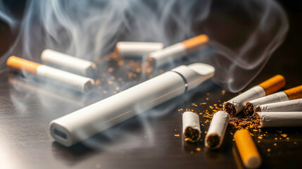 a white vaping device surrounded by dismantled cigarettes spilling tobacco, enveloped in wisps of smoke, highlighting a contrast between traditional and modern nicotine consumption methods