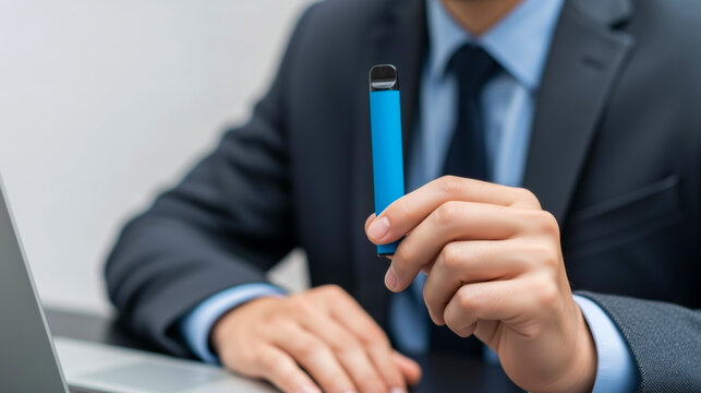 A business man in a suit holds up a blue vape pen in one hand, while his other hand rests on a laptop keyboard - Powered by Adobe