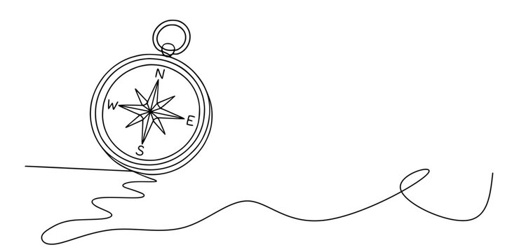 Guided by a Single Line, A continuous line drawing of a compass with cardinal points and a flowing path