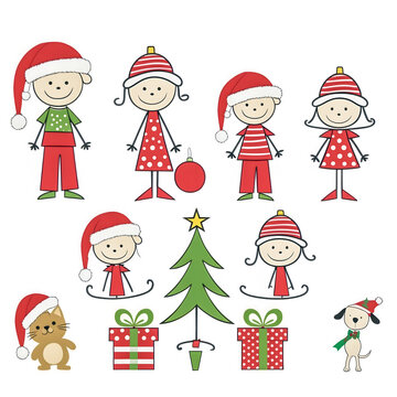 Cute Holiday Cartoon with Stick Figures, Christmas Tree, Gift Boxes, and Santa Hat Cat and Dog