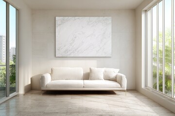 Naklejka premium Modern living room with white sofa and artwork.