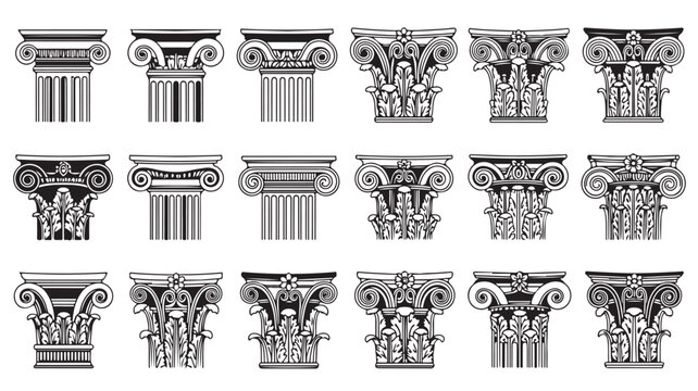 Collection of various ancient greek and roman architectural column capitals including doric ionic and corinthian style