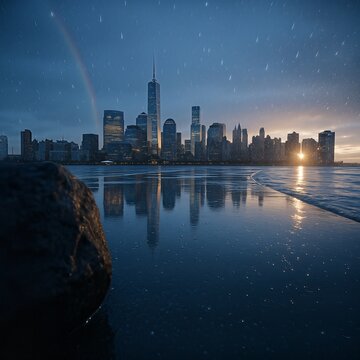 Rainy city skyline with lightning at night