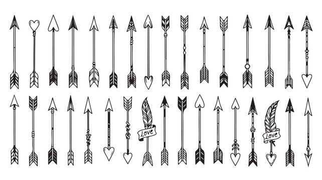 Collection of hand drawn tribal arrow designs with feather and heart details