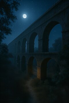 Stone aqueduct bridge under moonlight