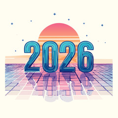 Happy New Year 2026 celebration greeting card design with a 3D text illustration vector and a Christmas holiday sale decoration concept