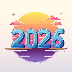 Colorful vector illustration design for a happy new year 2026 holiday celebration sale poster banner with love hearts, party decoration symbols, and birthday card text