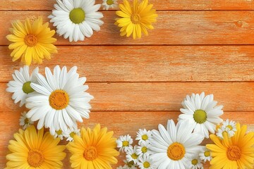 Obraz premium Spring composition. White daisy flowers on orange brown wooden tabletop background.
