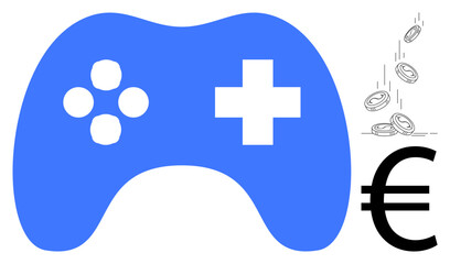 Blue gaming controller and Euro currency sign with falling coins, symbolizing gaming profits, monetization, digital economy, entertainment industry growth, in-game purchases, and e-sports marketing