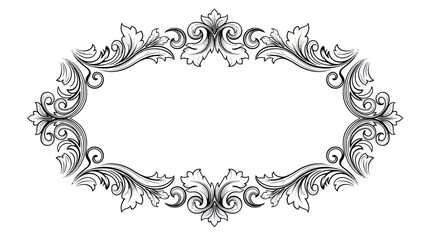 Fototapeta premium Ornate, symmetrical, oval-shaped decorative frame with detailed floral and scroll elements, isolated on white.