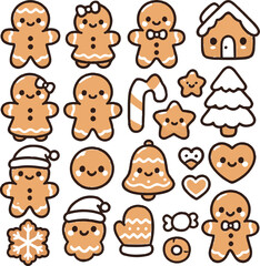 Kawaii Gingerbread Cookie Icons with Cute Festive Christmas Character Faces