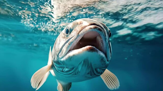 A fish glides through crystal-clear water, showcasing its intricate patterns and textures. Sunlight filters through the surface, creating a serene atmosphere.