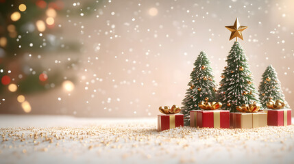 Christmas trees with gift boxes on soft snowy landscape, festive holiday background banner with falling snow, cozy and minimal winter scene.