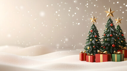 Obraz premium Christmas trees with gift boxes on soft snowy landscape, festive holiday background banner with falling snow, cozy and minimal winter scene.