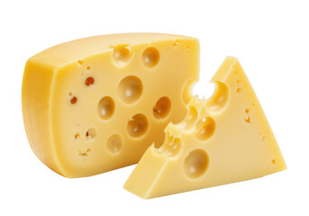 Vibrant yellow Swiss cheese, a semi-circular block and a triangular wedge, with large holes and glossy texture, on a transparent background, photorealistic food photography concept
