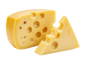 Vibrant yellow Swiss cheese, a semi-circular block and a triangular wedge, with large holes and glossy texture, on a transparent background, photorealistic food photography concept