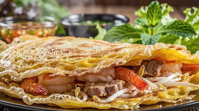 Crispy Banh Xeo Delight A CloseUp of Vietnamese Savory Crepe Filled with Shrimp Pork and Bean Sprouts Served with Fresh Herbs and Dipping Sauce Showcasing Authentic Asian Cuisine.